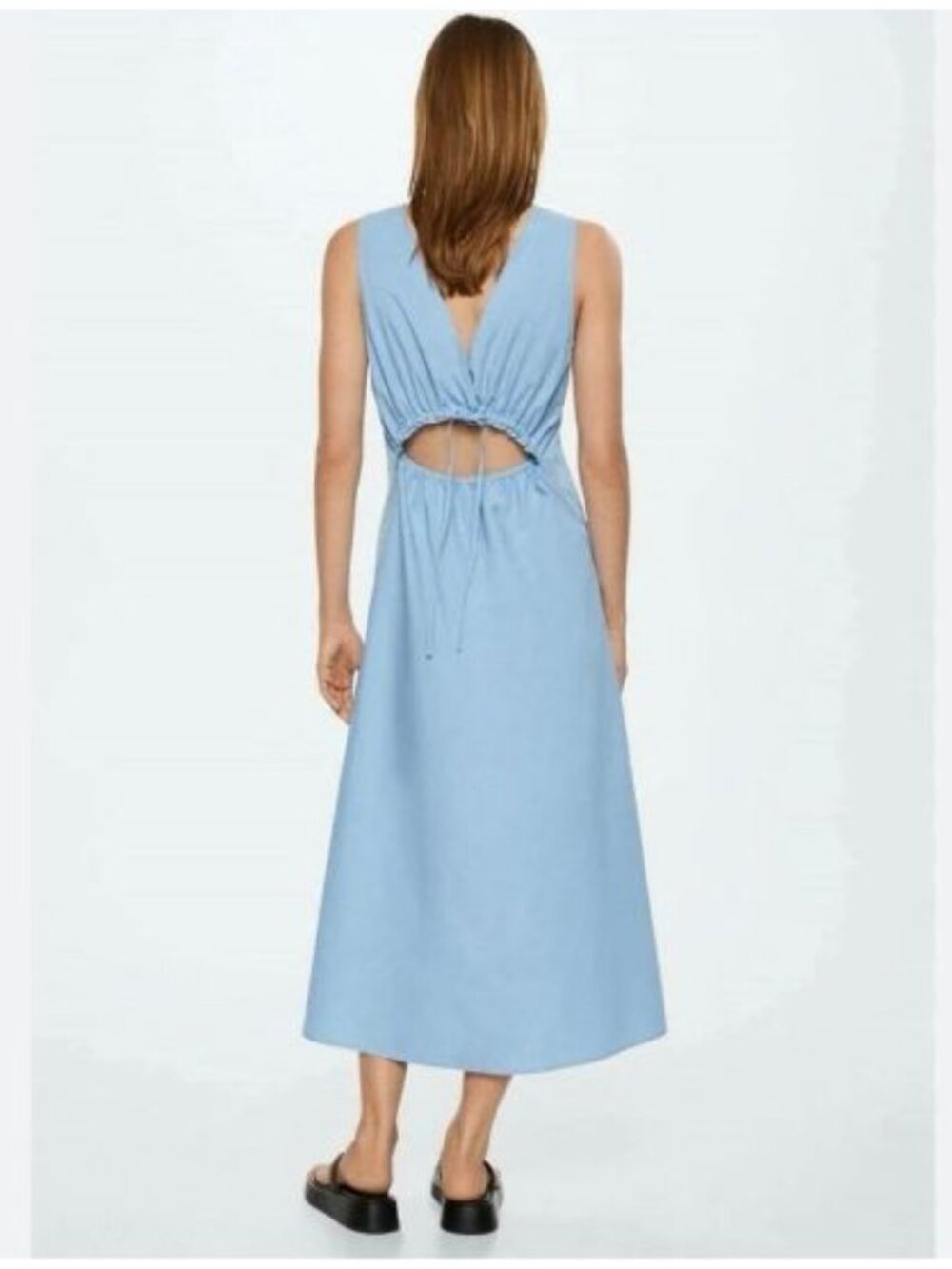NWOT Mango Sky Blue Open Back Cutout Midi Dress 100% Cotton Size Medium